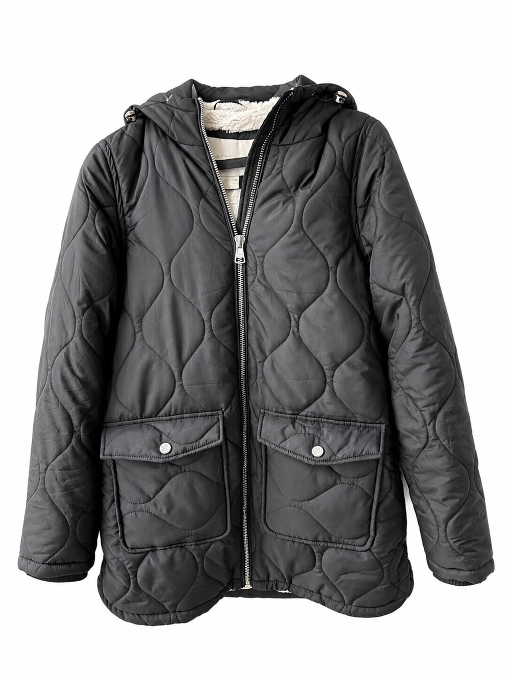 Madden Girl Women's Quilted Black Hooded Jacket XS with Sherpa Lining